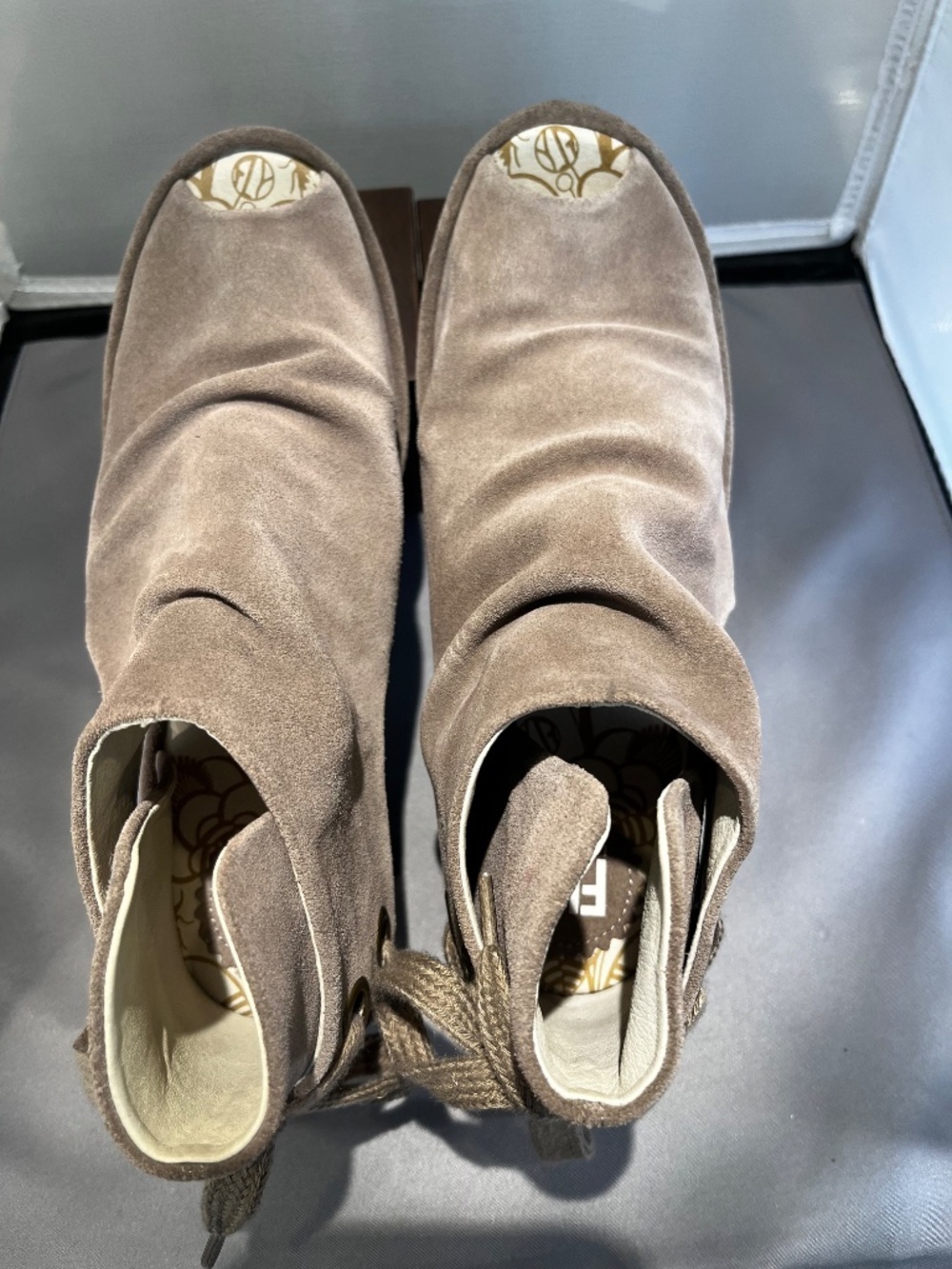Fly London Yema Classic Taupe Suede Peep Toe Sandal Lace Up Size 39 - Picture 4 of 7